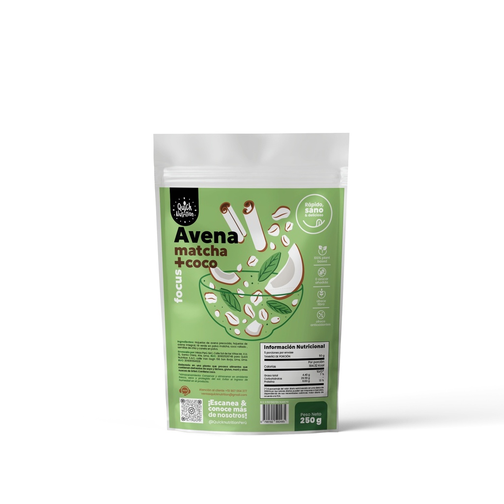 Quick Nutrition Avena Matcha y Coco 250 gr
